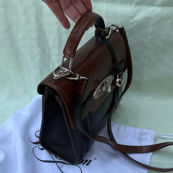 Vintage Black/Brown Brighton Leather Top-Handle Bag with Silver Hardware - Picture 8 of 16